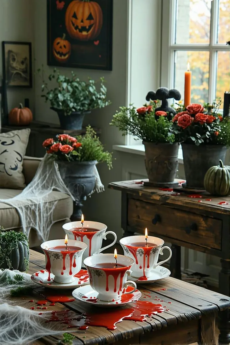 mismatched antique teacups filled with oozing wax “blood” 1