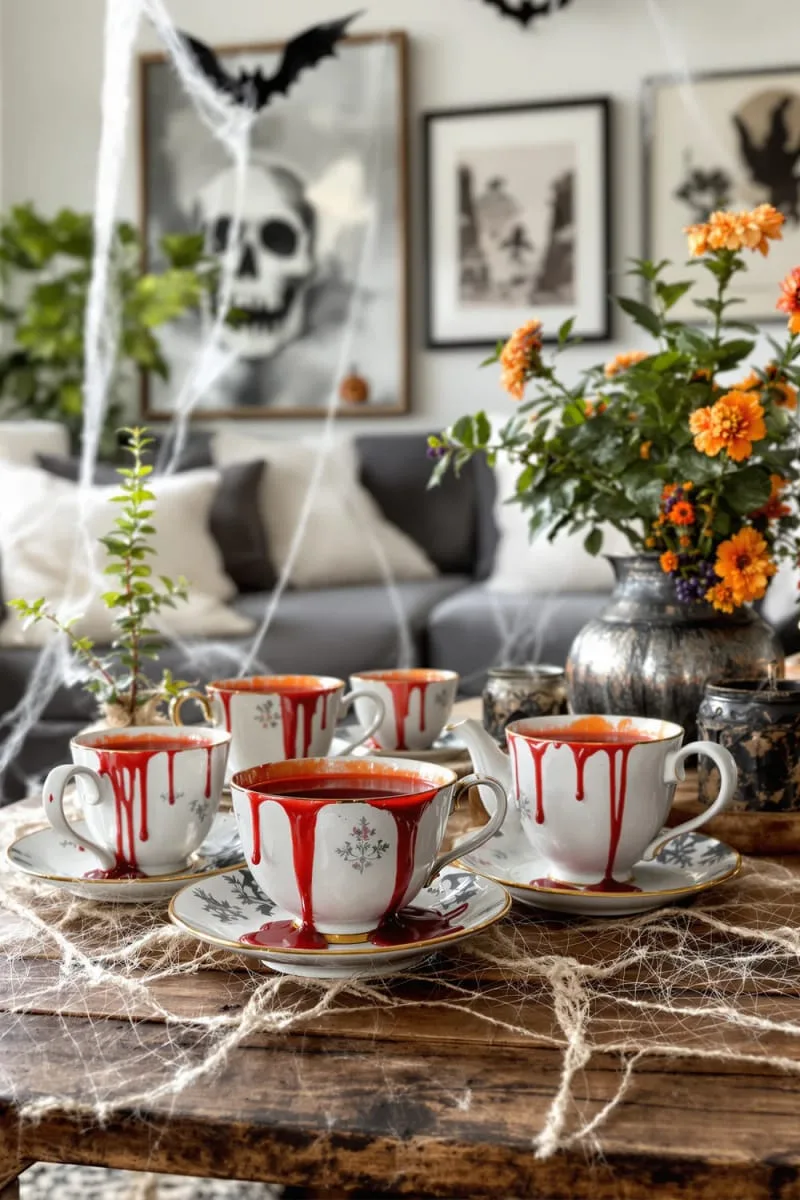 mismatched antique teacups filled with oozing wax “blood” 1