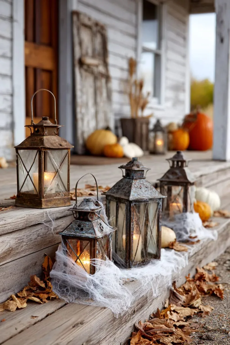 21 Halloween Porch Decorations: Ideas For A Unique Festive Entryway 50 mismatched vintage lanterns filled with fake cobwebs 1