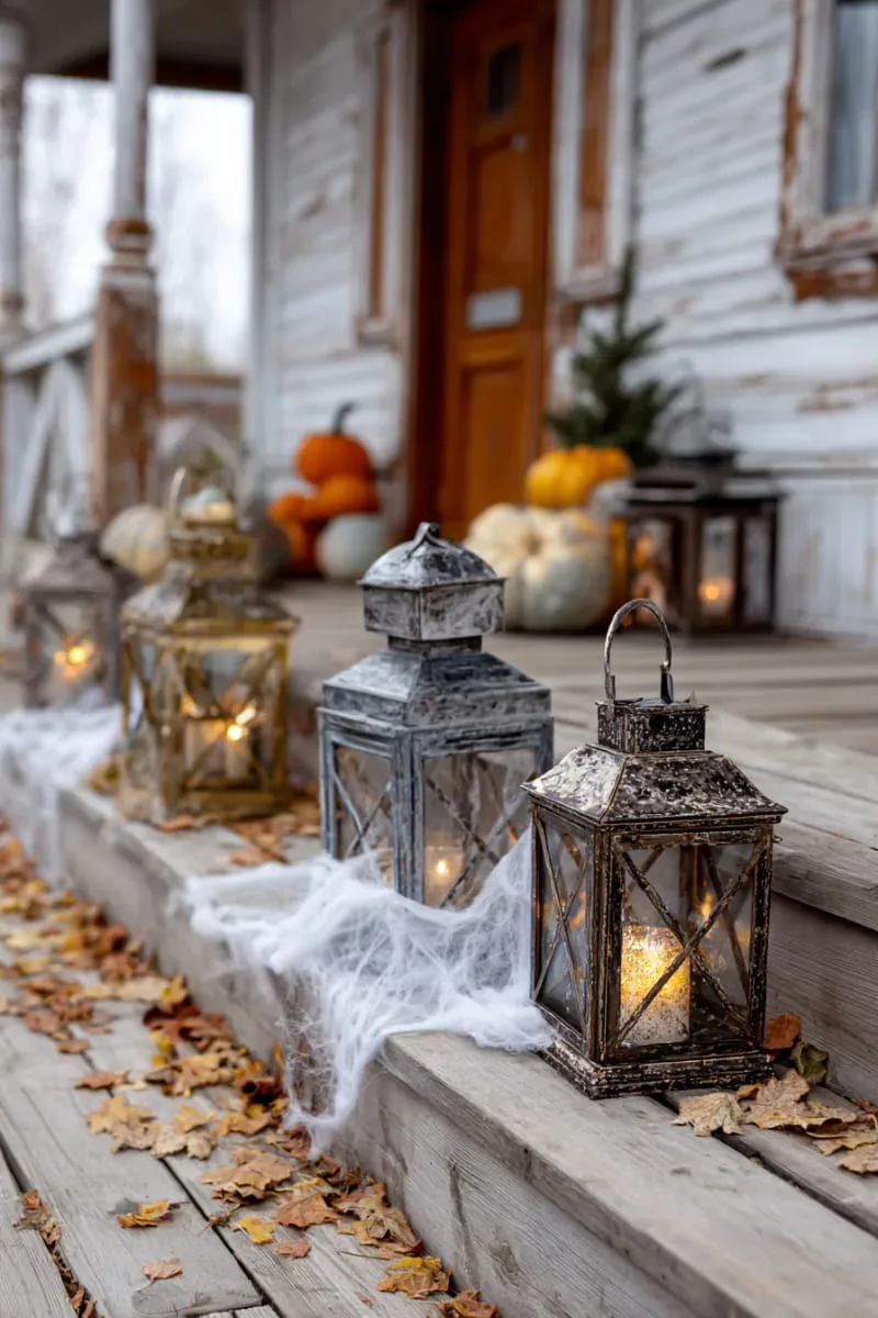 21 Halloween Porch Decorations: Ideas For A Unique Festive Entryway 53 mismatched vintage lanterns filled with fake cobwebs 1