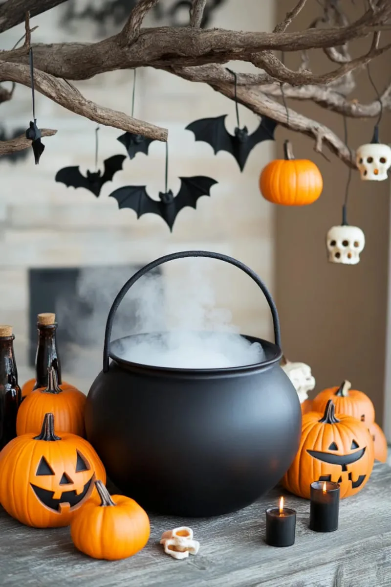 misting cauldron surrounded by flickering jack-o’-lanterns 1