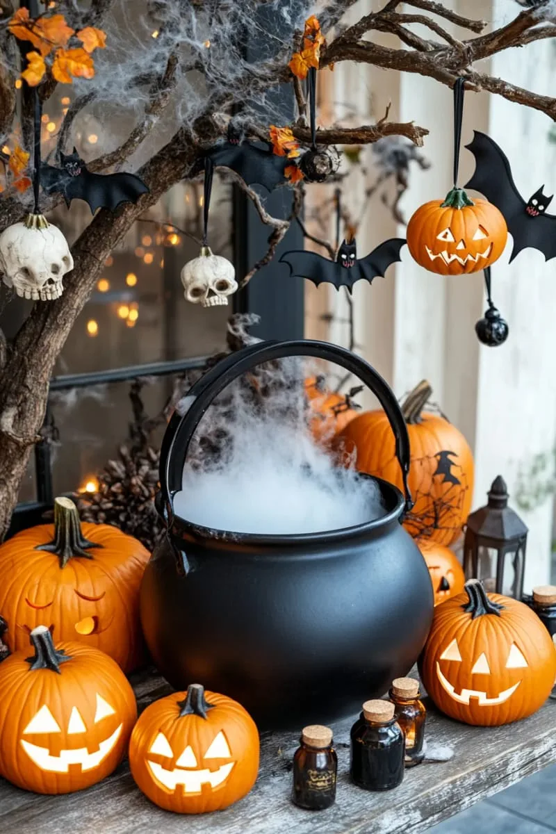 misting cauldron surrounded by flickering jack-o’-lanterns 1