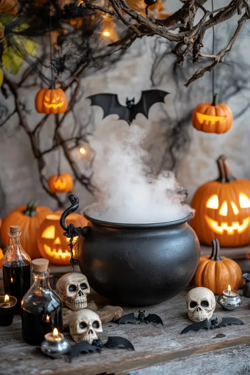 misting cauldron surrounded by flickering jack-o’-lanterns 1