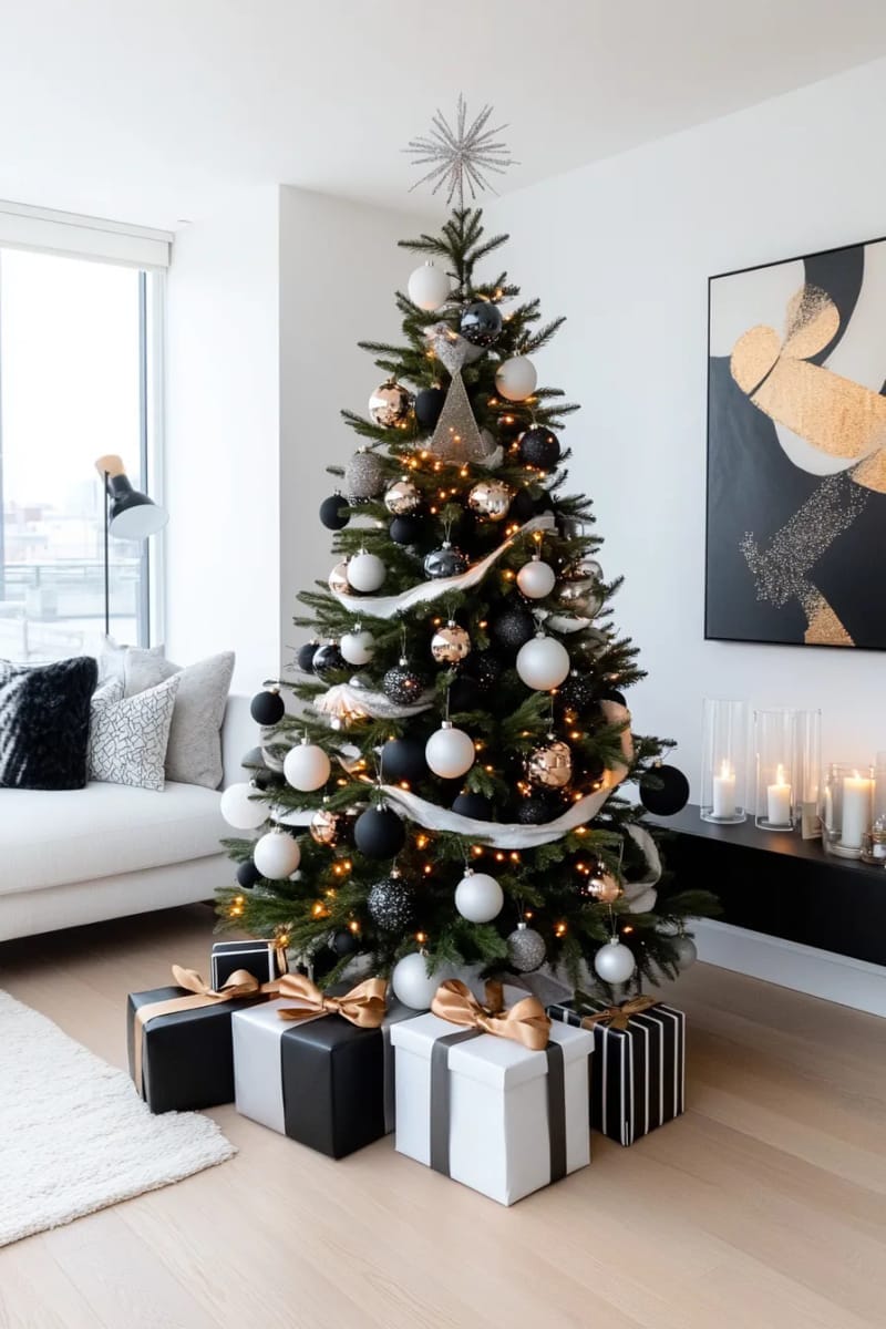 modern black and white tree with matte and glossy ornament mix 1