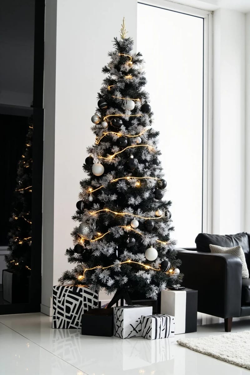 modern black and white tree with matte and glossy ornament mix 1