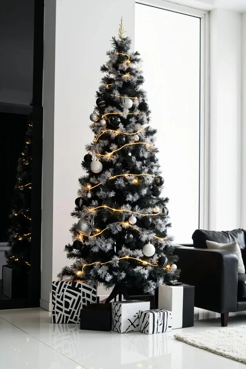 31 Trendy Christmas Decor Ideas for a Magical Home 28 modern black and white tree with matte and glossy ornament mix 1