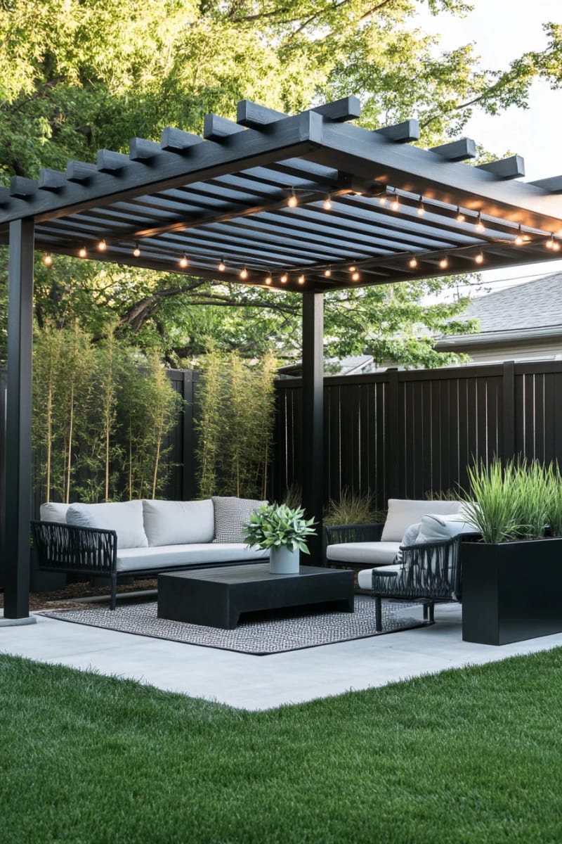 modern black pergola with geometric lines and minimalist backyard furniture 1