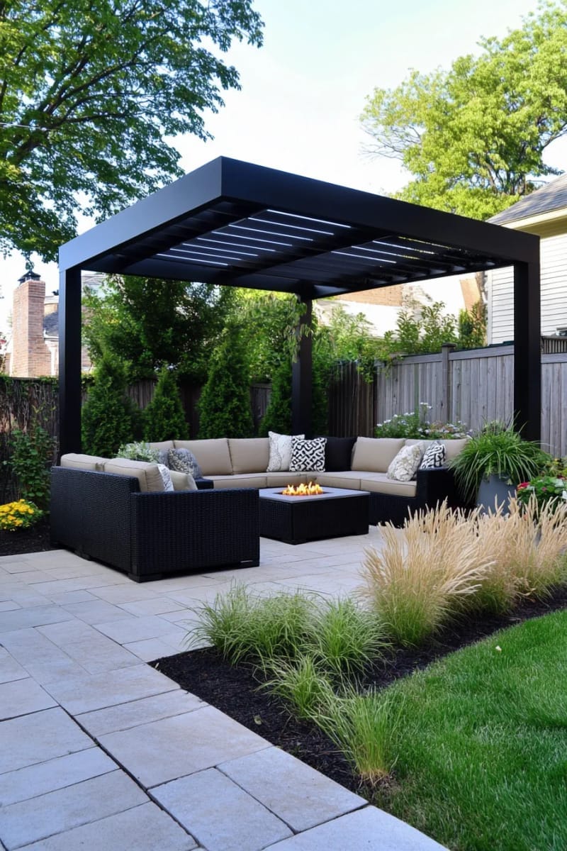 modern black pergola with geometric lines and minimalist backyard furniture 1