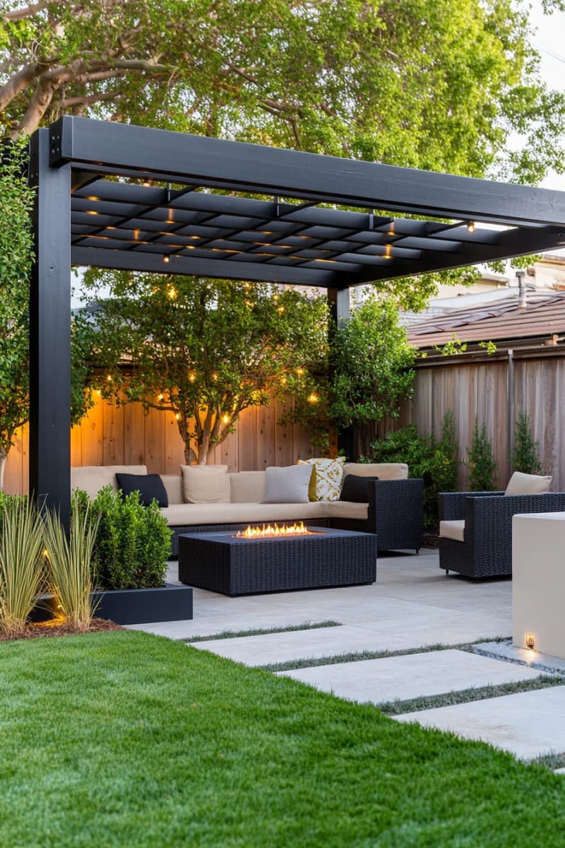 modern black pergola with geometric lines and minimalist backyard furniture 1