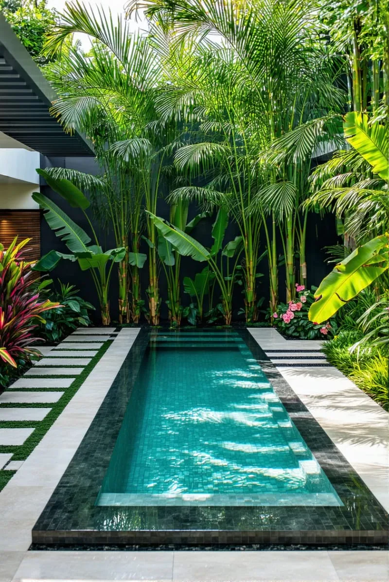 modern black-tiled pool surrounded by tropical plants and grasses 1