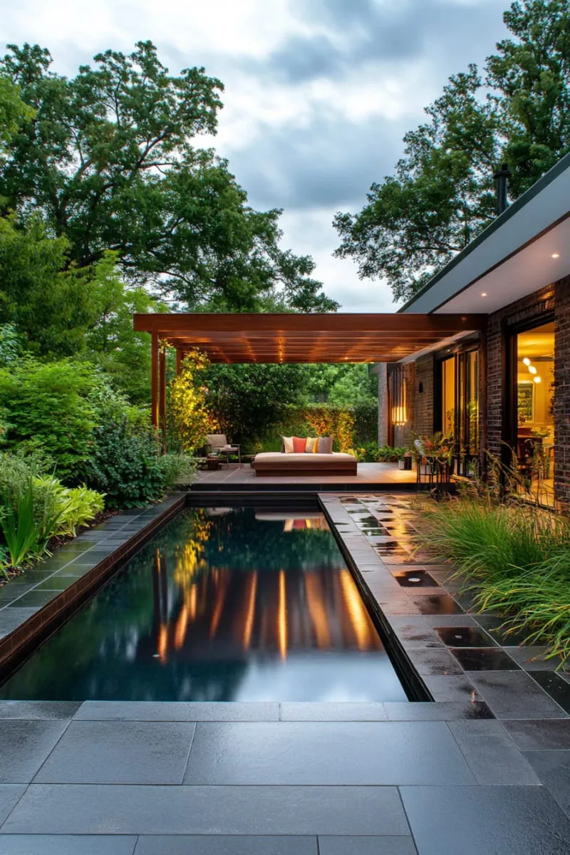 modern black-tiled pool surrounded by tropical plants and grasses 1