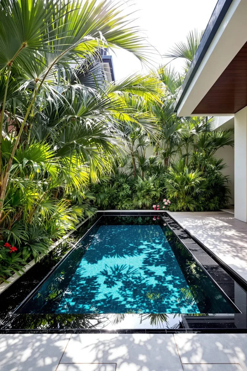 modern black-tiled pool surrounded by tropical plants and grasses 1