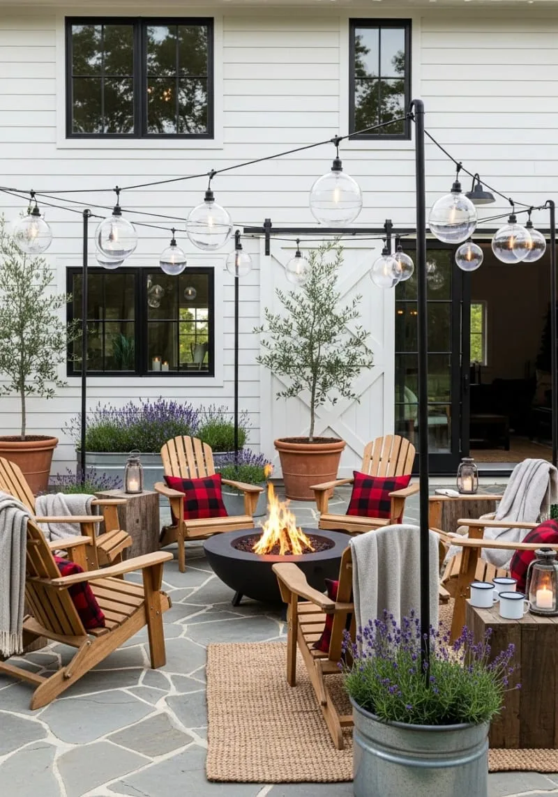modern farmhouse globe lights on a cozy fire pit patio 1