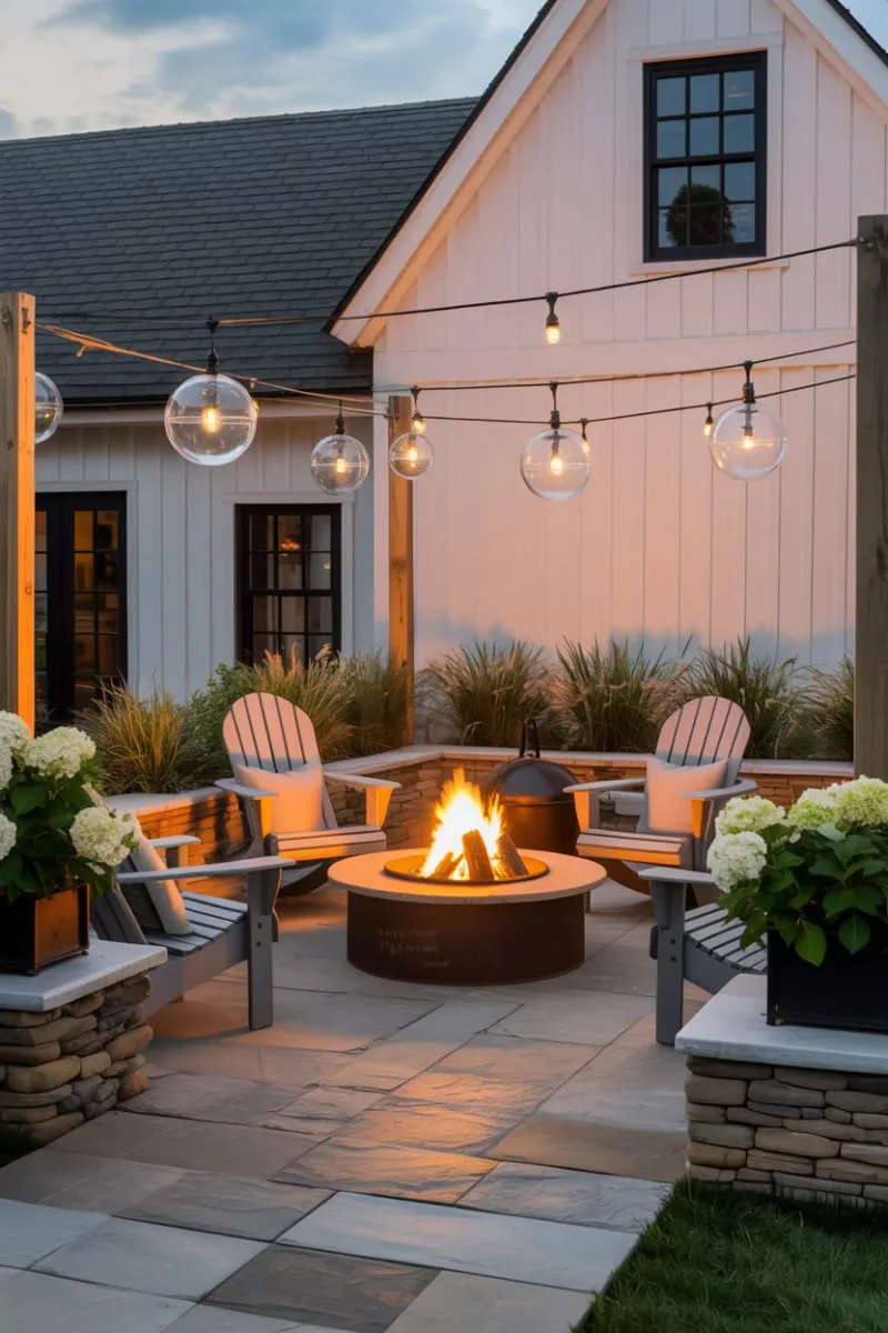 modern farmhouse globe lights on a cozy fire pit patio 1