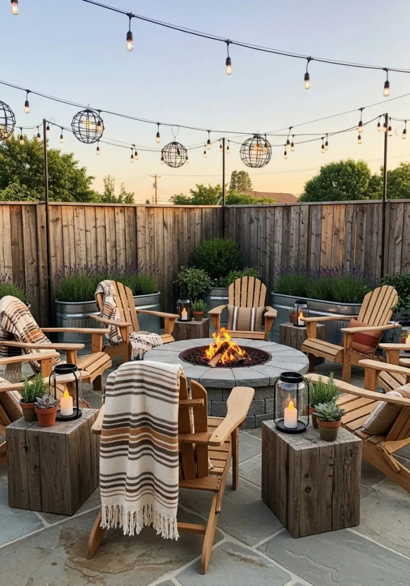 modern farmhouse globe lights on a cozy fire pit patio 1