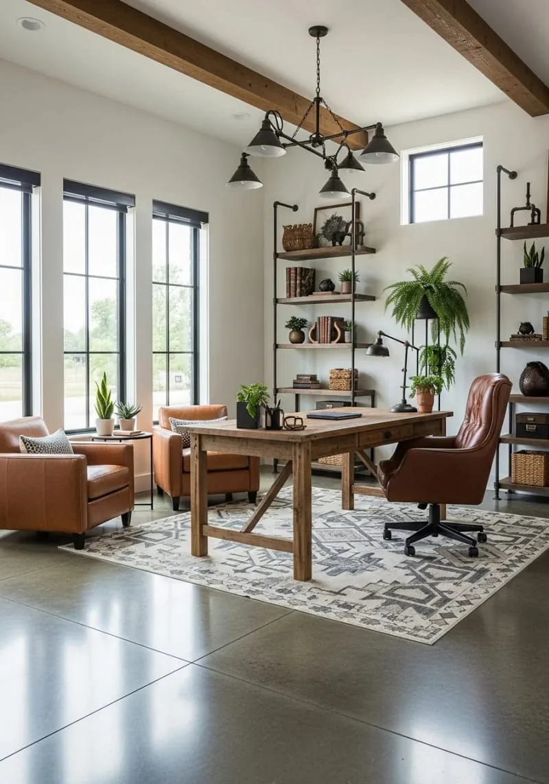 29 Unique Barndominium Interiors For Your Next Makeover 71 modern farmhouse office with concrete floors and leather accents 1
