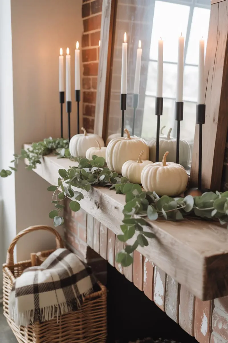 modern farmhouse style: black candlesticks, white pumpkins, and greenery 1