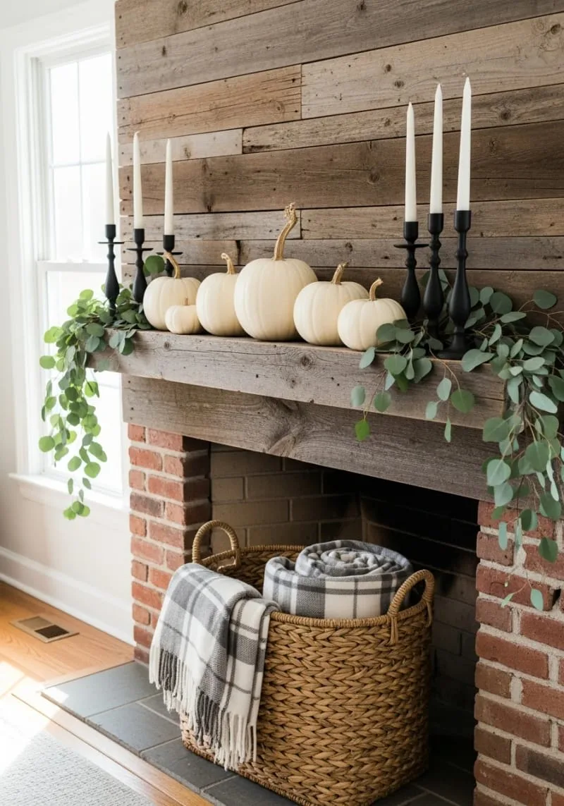 modern farmhouse style: black candlesticks, white pumpkins, and greenery 1