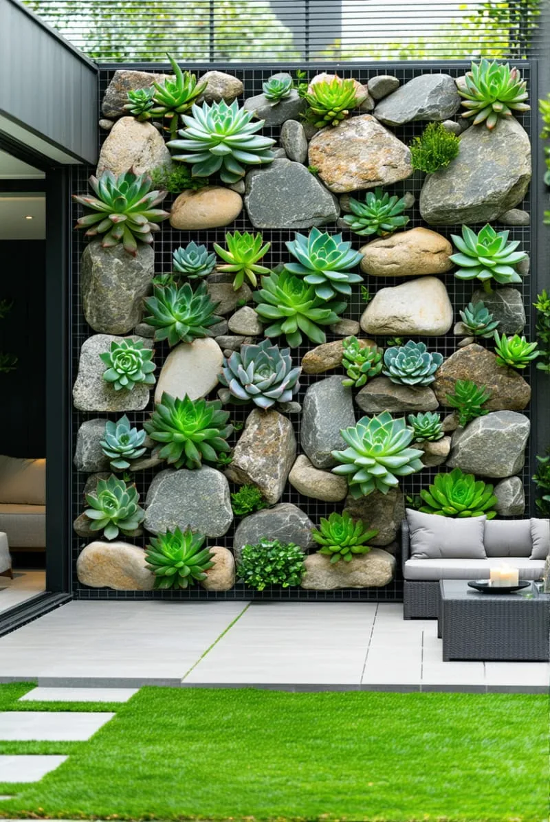 27 Unique Backyard Privacy Designs for A Serene Outdoor Oasis 25 modern gabion wall filled with river rocks and succulents 1