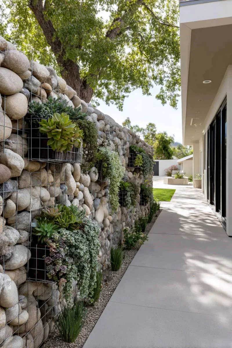 27 Unique Backyard Privacy Designs for A Serene Outdoor Oasis 26 modern gabion wall filled with river rocks and succulents 1