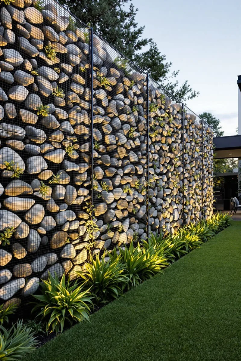 27 Unique Backyard Privacy Designs for A Serene Outdoor Oasis 27 modern gabion wall filled with river rocks and succulents 1