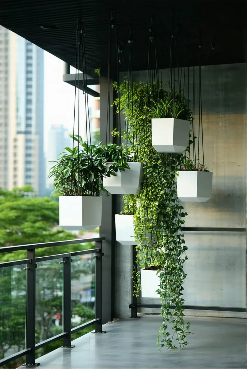 modern geometric planters suspended at different heights 1