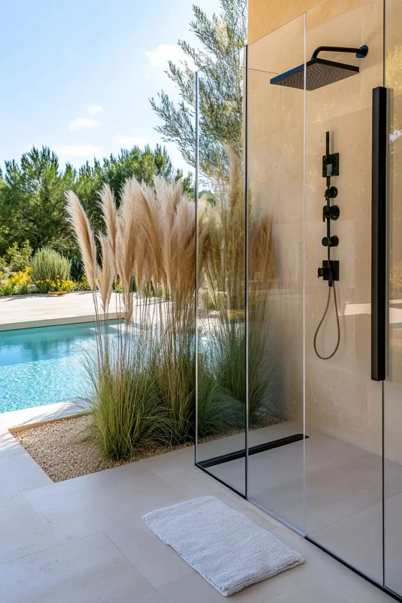 modern glass panel shower with black fixtures and ornamental grasses 1
