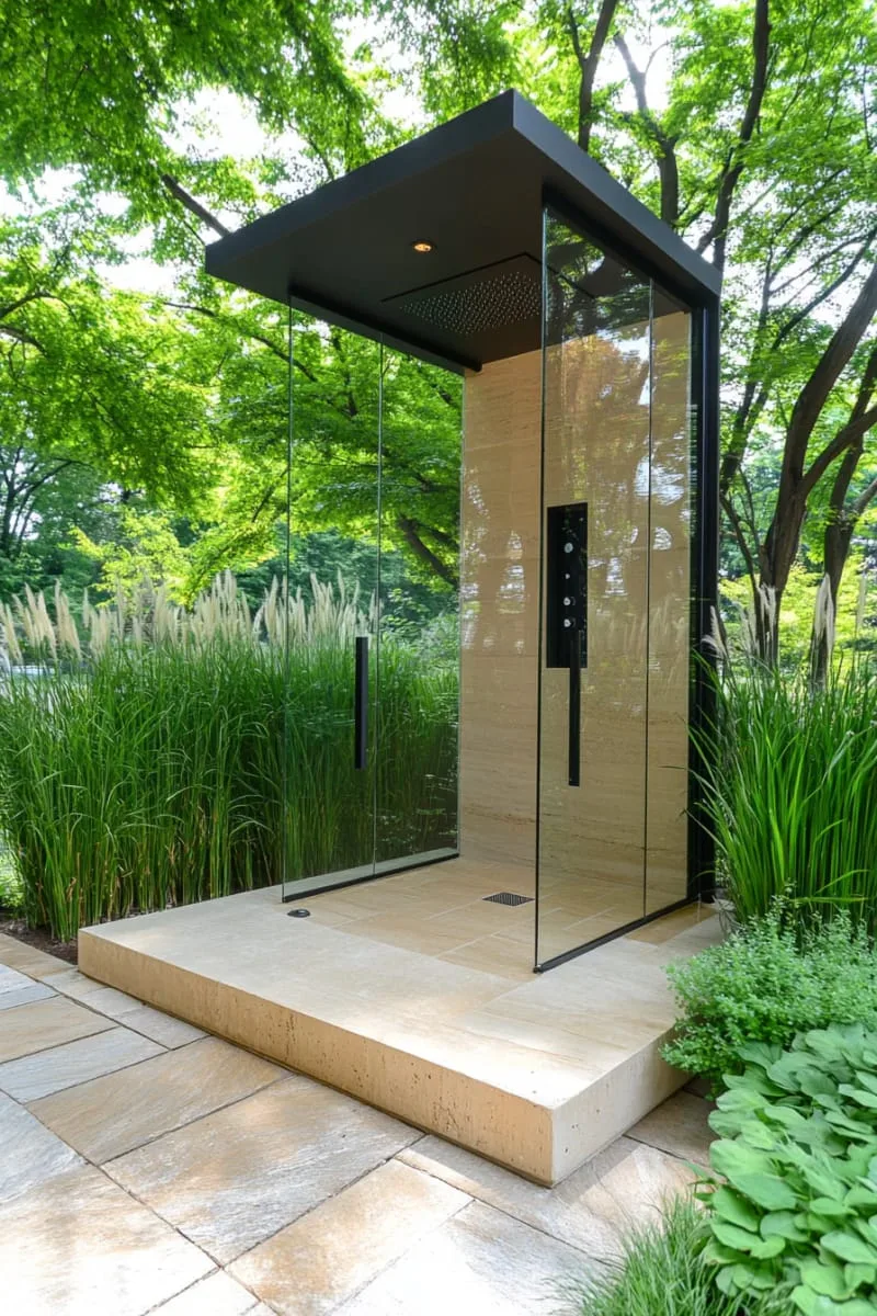 modern glass panel shower with black fixtures and ornamental grasses 1