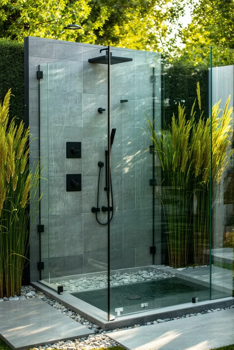 modern glass panel shower with black fixtures and ornamental grasses 1