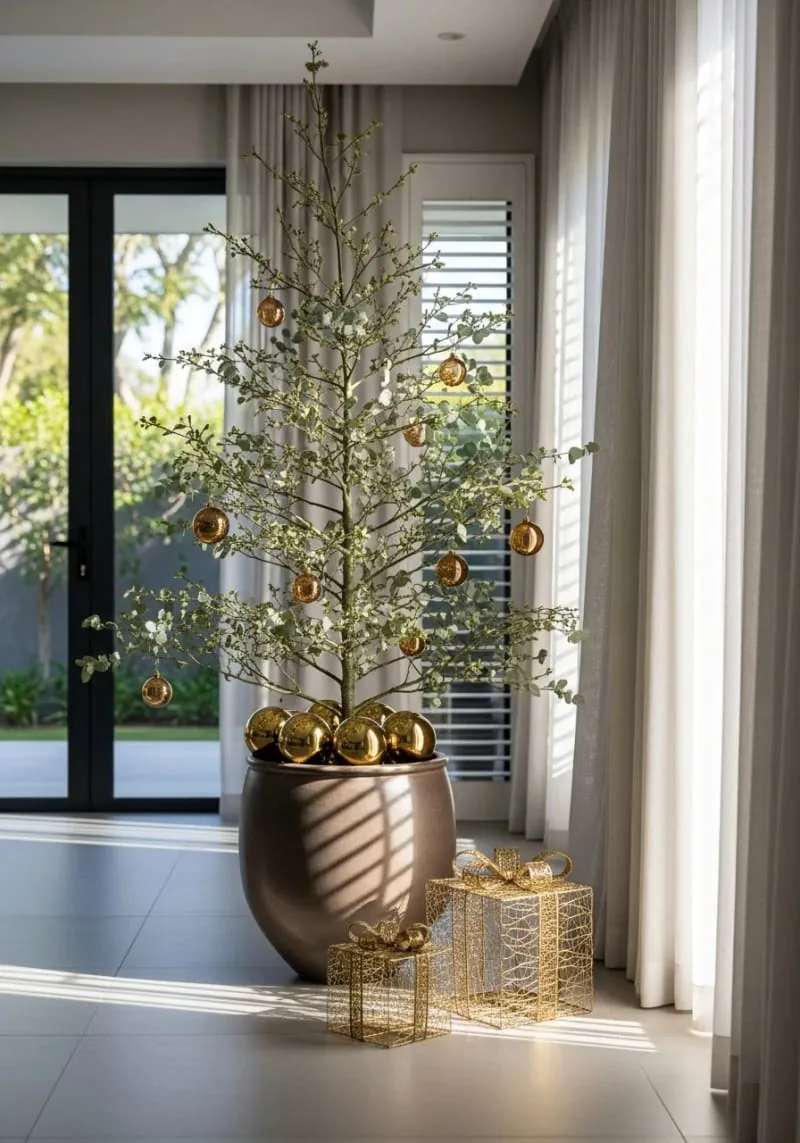 modern minimalist tree with amber glass ornaments and eucalyptus sprigs 1