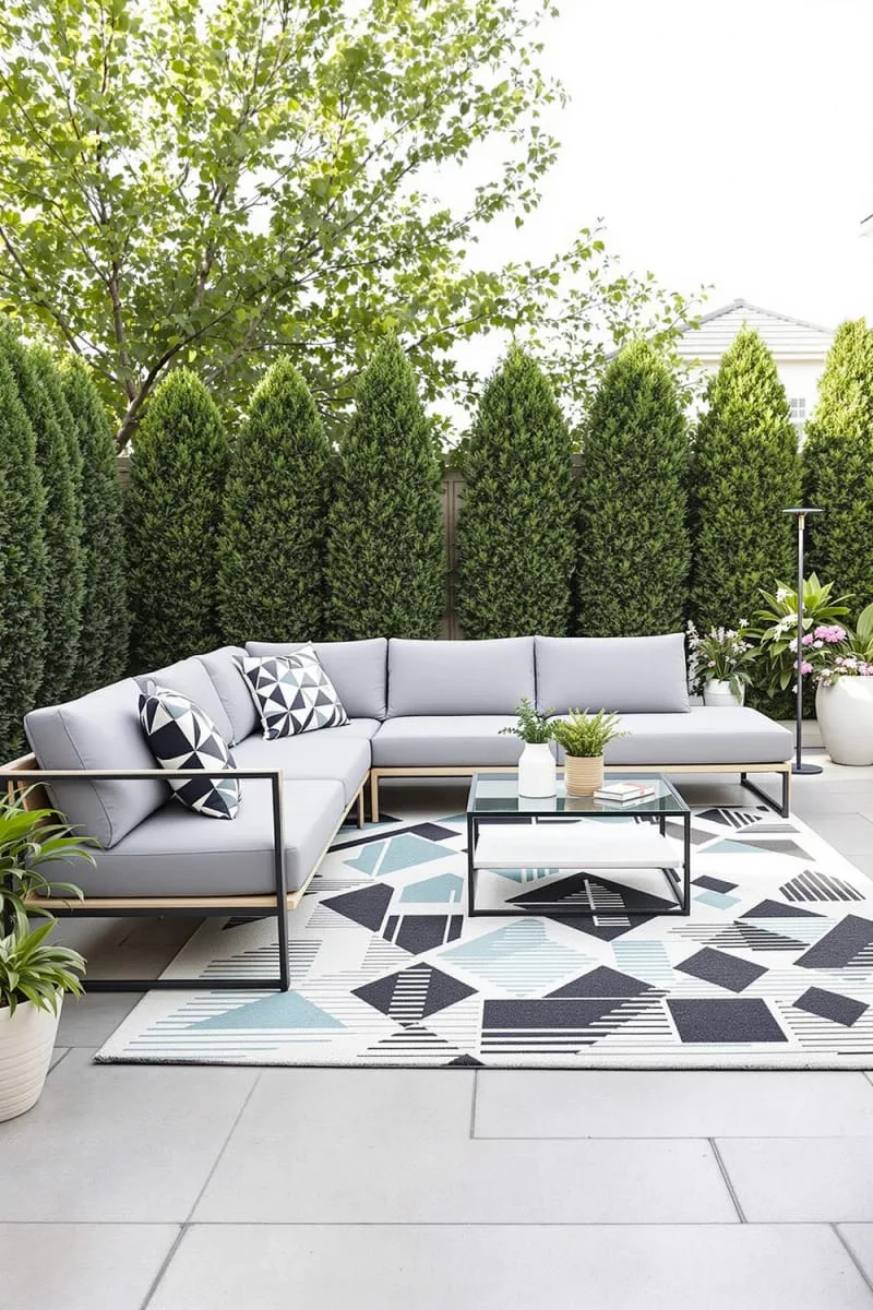 modern sofa set with geometric outdoor rug accents 1