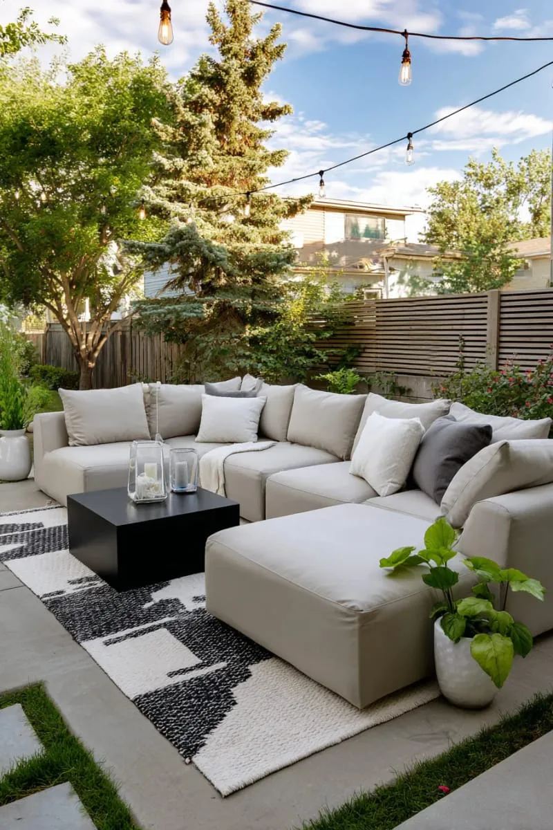 modern sofa set with geometric outdoor rug accents 1