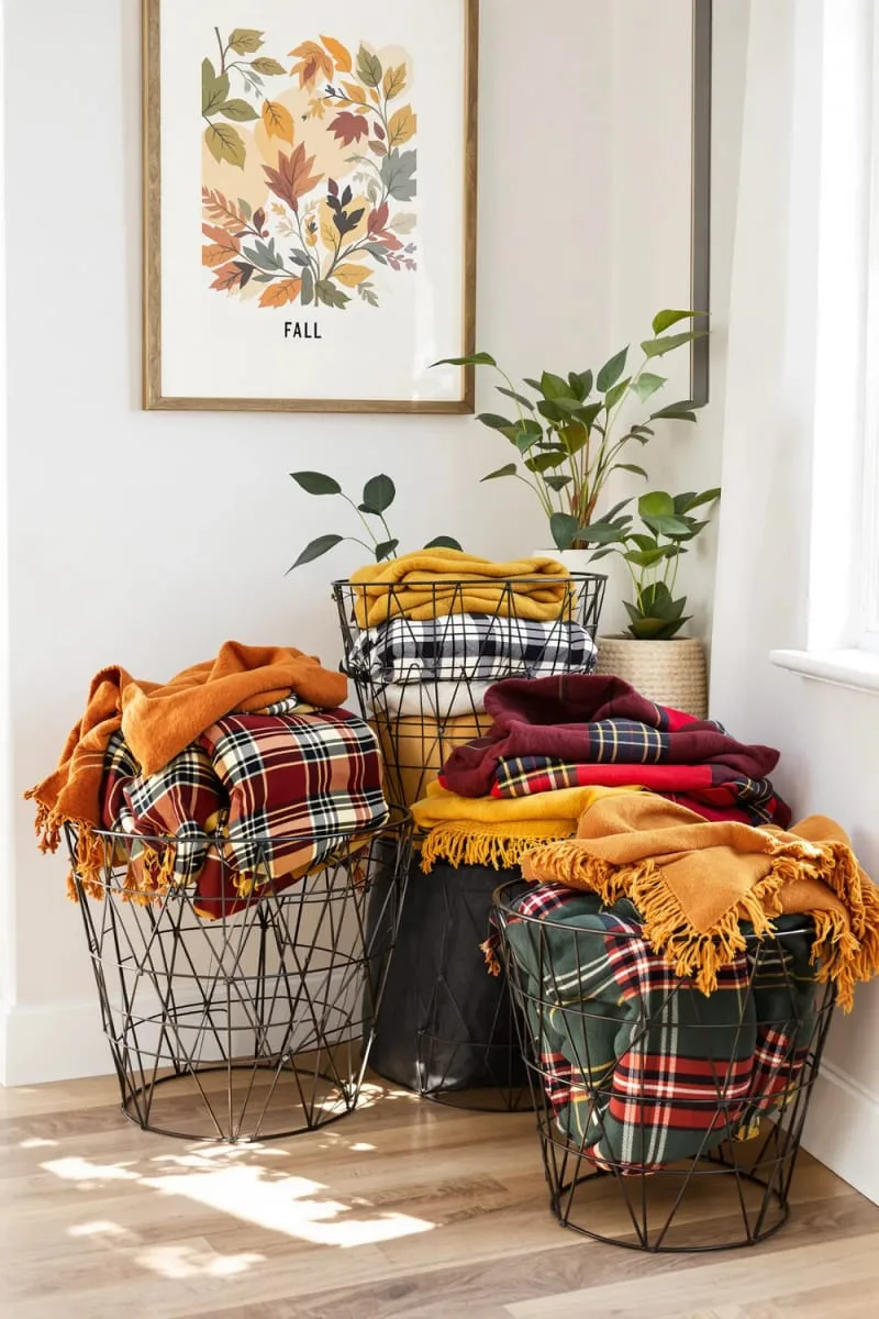 modern wire baskets holding cozy plaid blankets 1