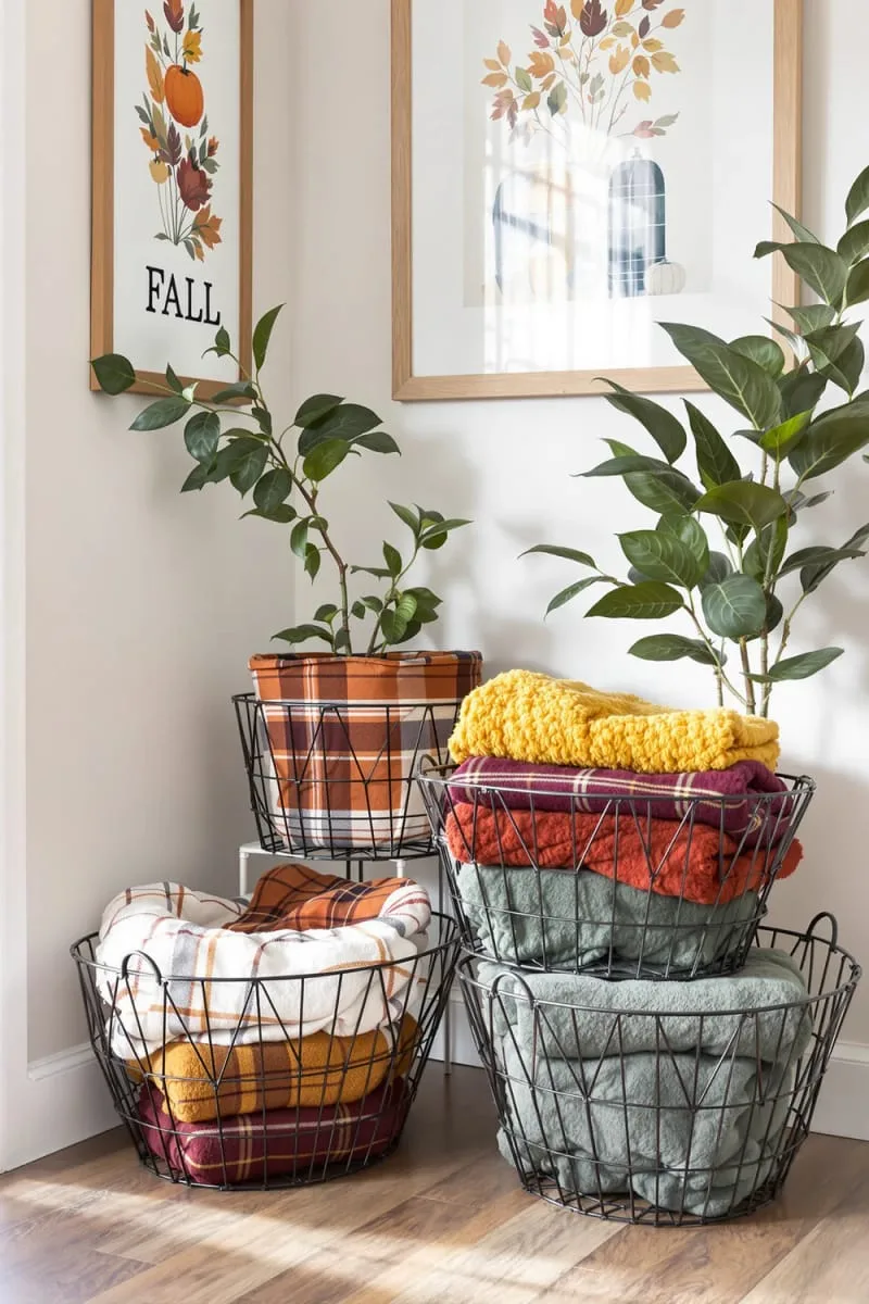 modern wire baskets holding cozy plaid blankets 1