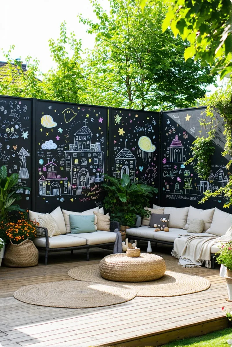 27 Unique Backyard Privacy Designs for A Serene Outdoor Oasis 54 modular privacy panels with chalkboard paint for doodles 1
