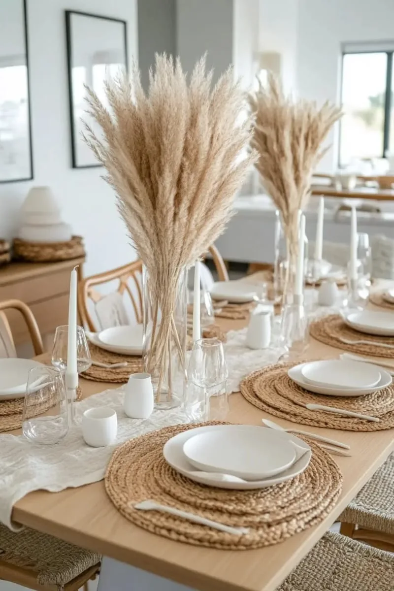 monochrome neutral tablescape with pampas grass and candles 1