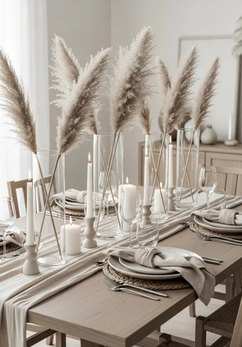 monochrome neutral tablescape with pampas grass and candles 1