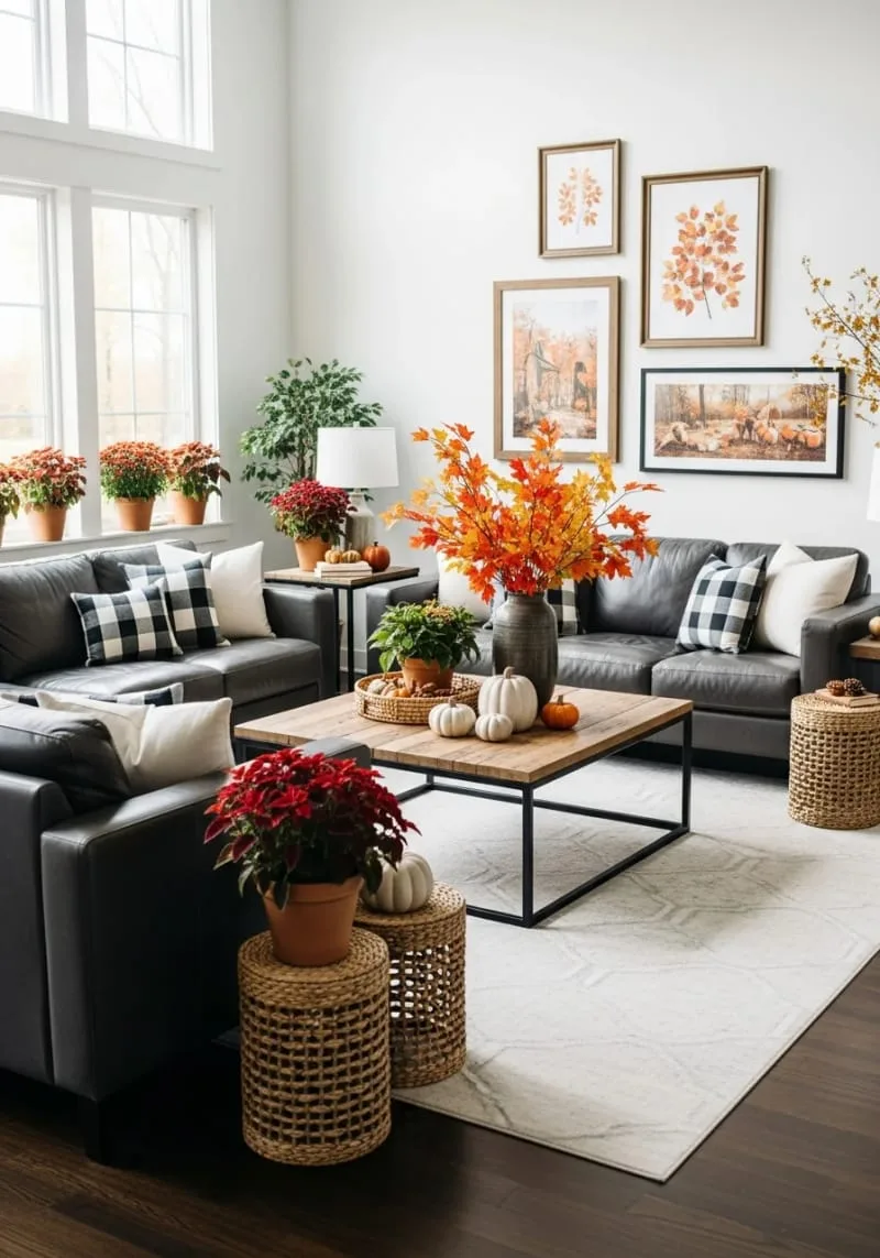 monochrome plaid throw pillows on sleek leather sofas 1