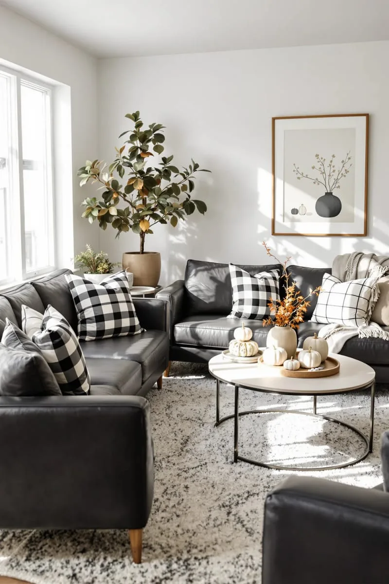 monochrome plaid throw pillows on sleek leather sofas 1