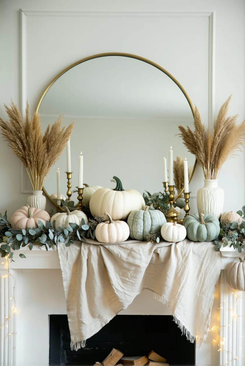 21 Unique Fall Mantle Decor Ideas That Designers Love Right Now 16 monochrome pumpkin collection in soft creams, blush, and sage green 1