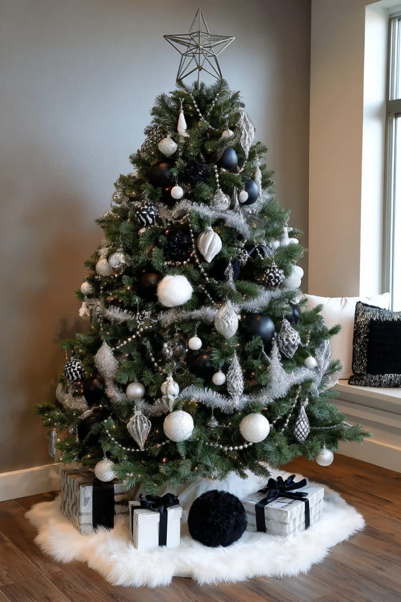 monochrome tree with black, white, and silver ornaments 1