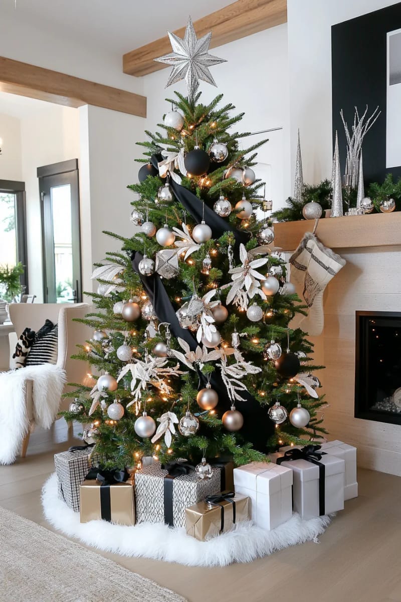 monochrome tree with black, white, and silver ornaments 1