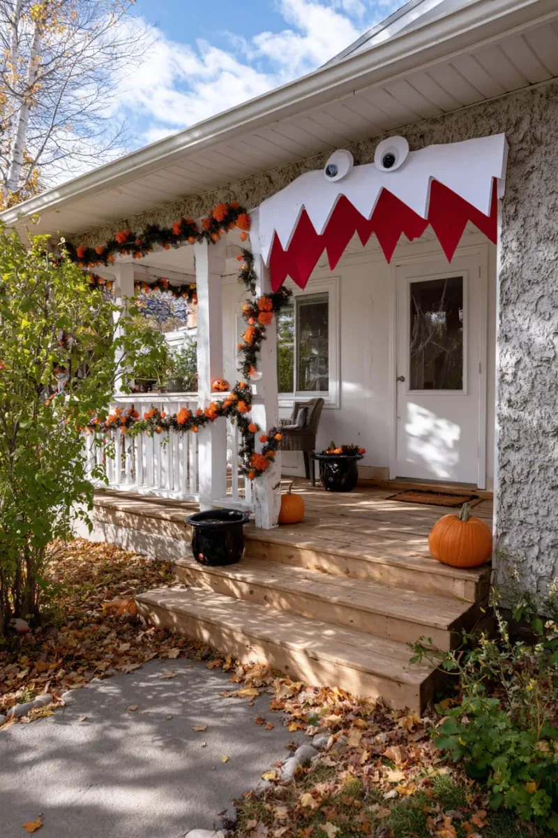 21 Halloween Porch Decorations: Ideas For A Unique Festive Entryway 87 monster mouth porch entrance with teeth and googly eyes 1