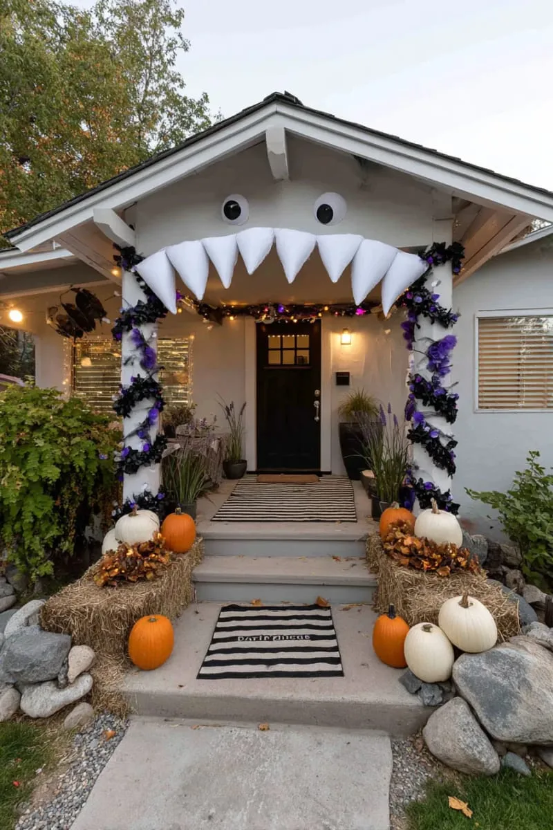 21 Halloween Porch Decorations: Ideas For A Unique Festive Entryway 88 monster mouth porch entrance with teeth and googly eyes 1