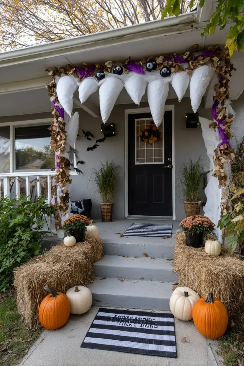 21 Halloween Porch Decorations: Ideas For A Unique Festive Entryway 91 monster mouth porch entrance with teeth and googly eyes 1