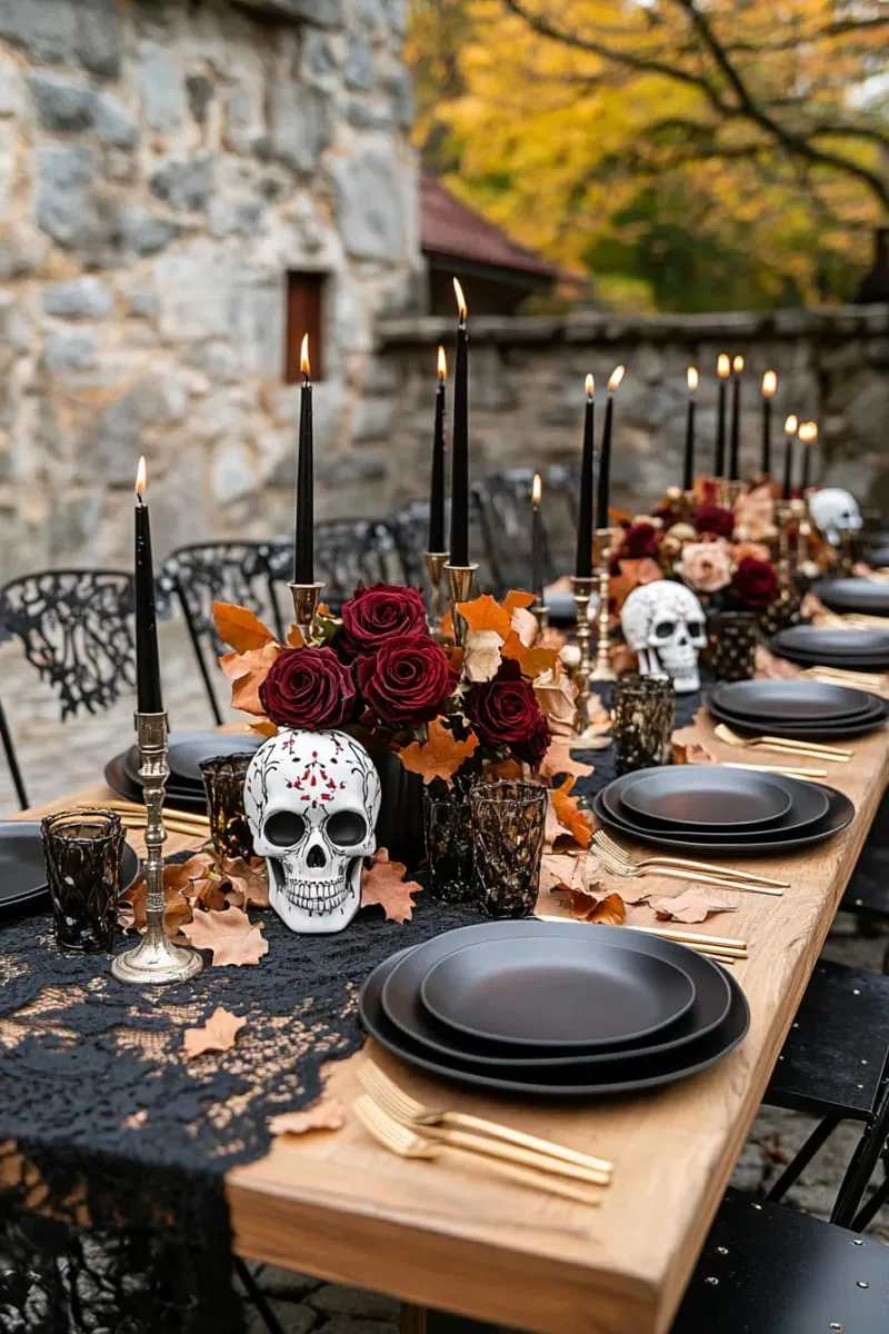 21 Elegant Indoor Halloween Decor Ideas for Modern Spaces 96 moody gothic dinner table with skulls and candlelight. 1
