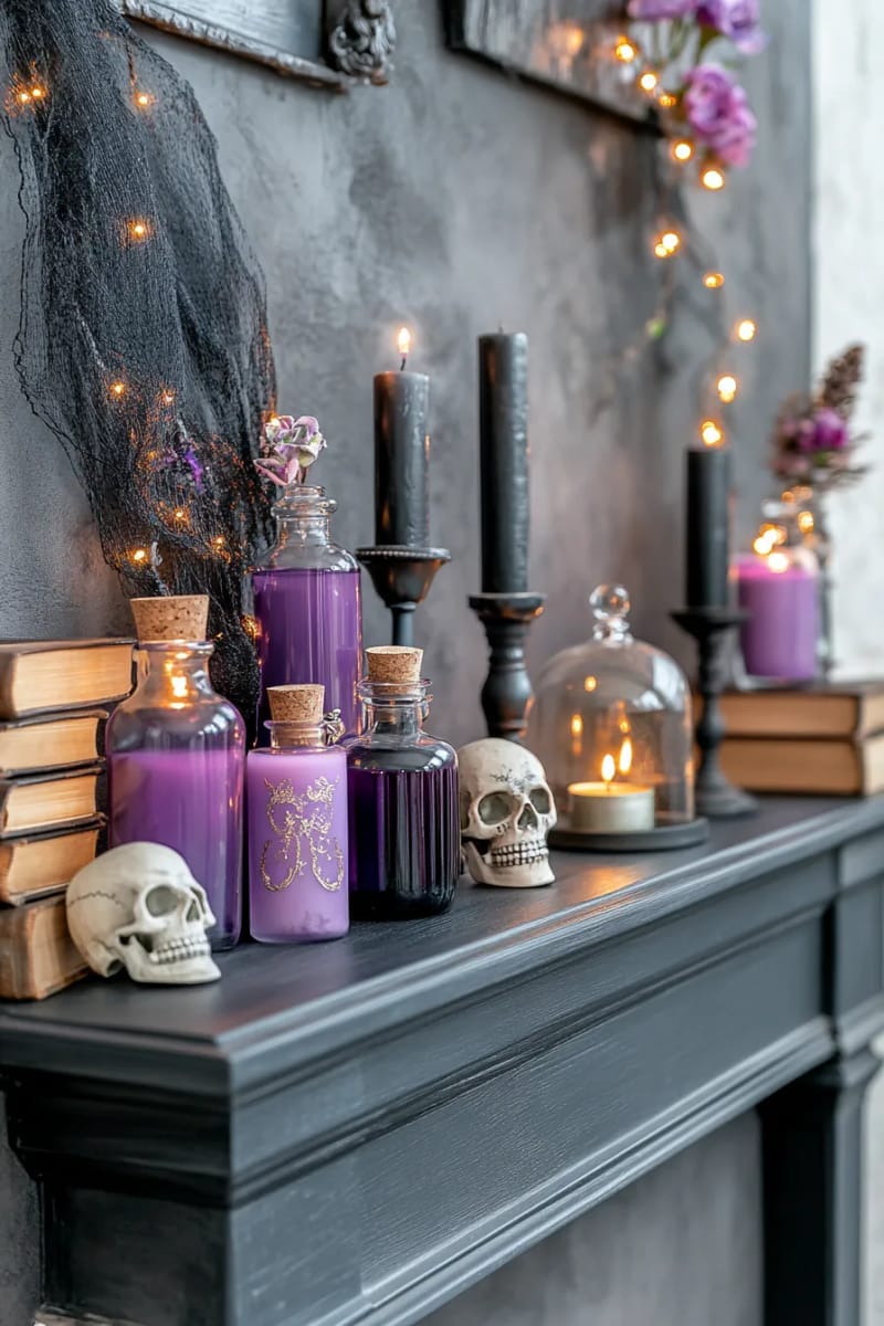 moody purple lights illuminating potion bottles, skulls, and vintage books 1