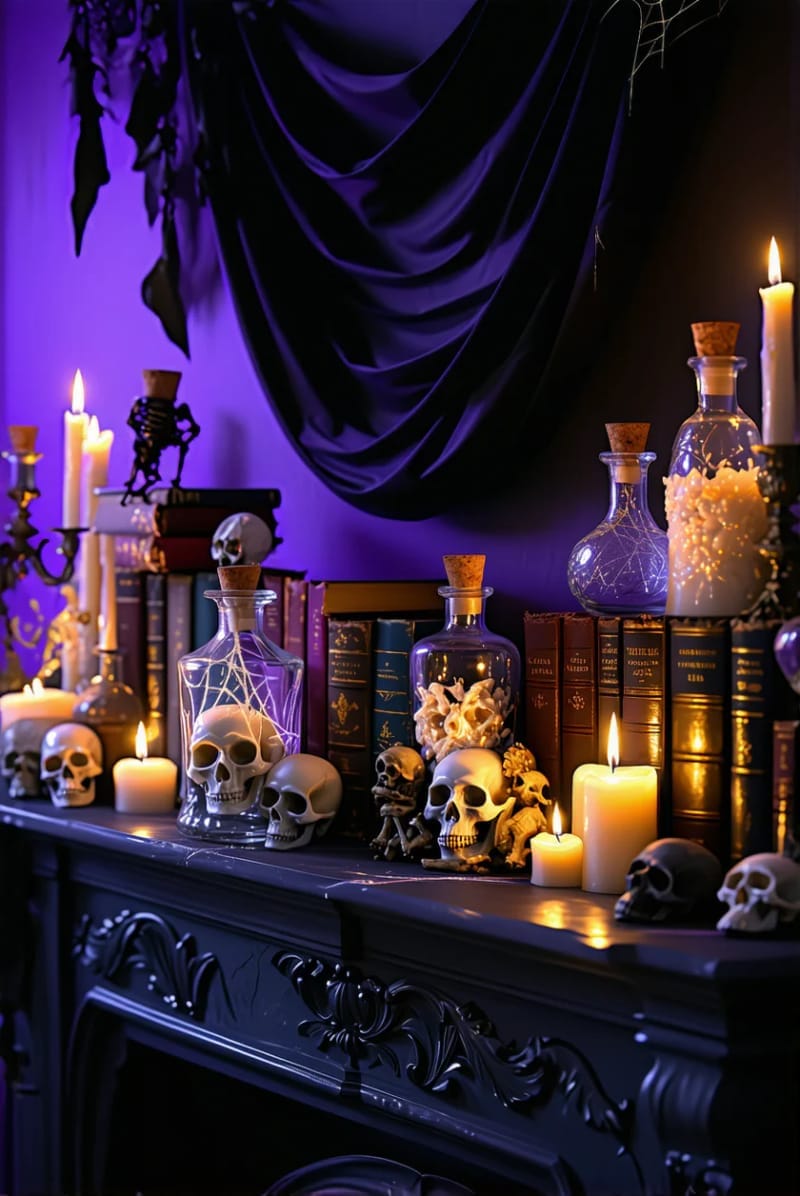 moody purple lights illuminating potion bottles, skulls, and vintage books 1