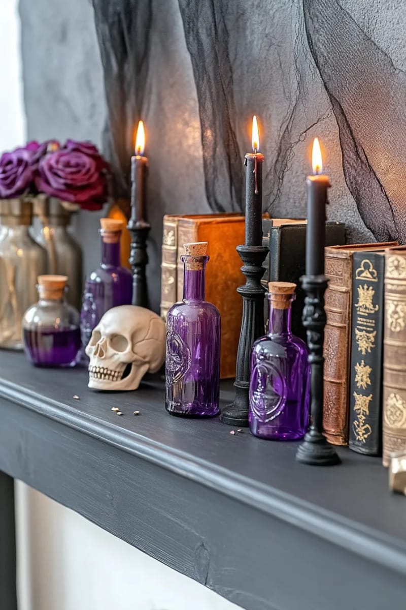 moody purple lights illuminating potion bottles, skulls, and vintage books 1