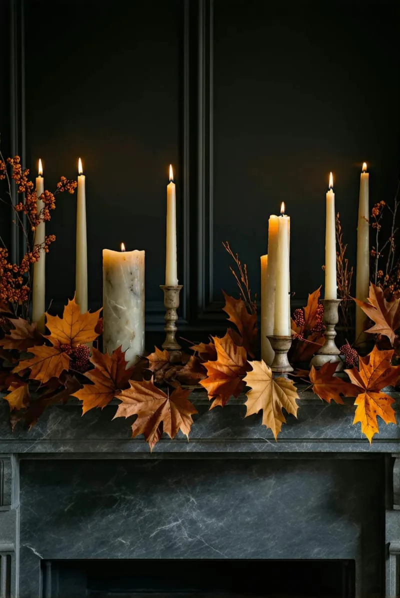 moody stone mantle with layered burnt orange leaves and pillar candles 1